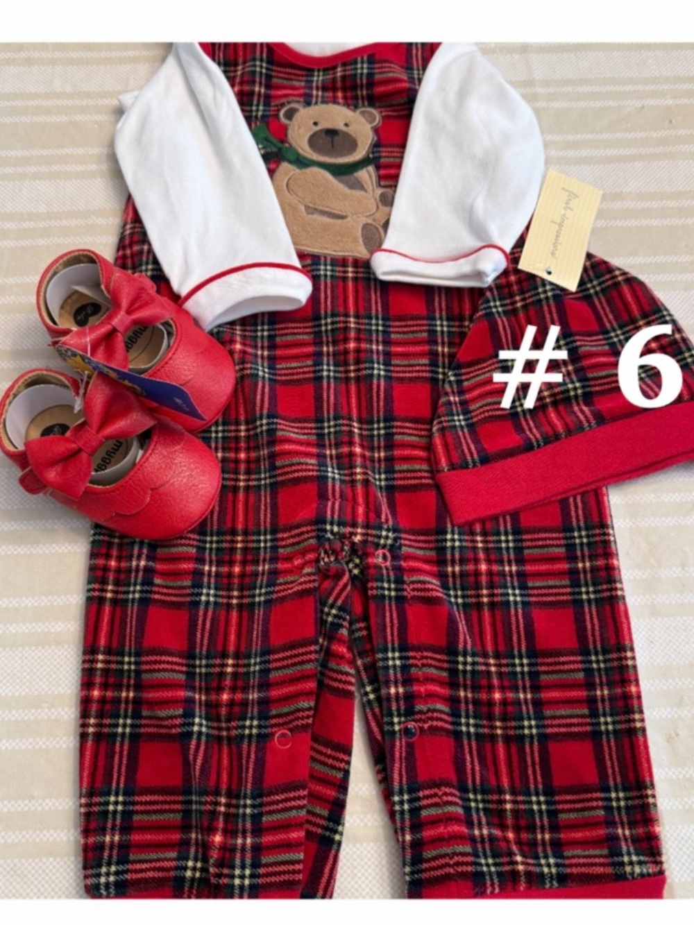 Red Plaid Baby One-Piece Footie with Bear Applique and Matching Hat